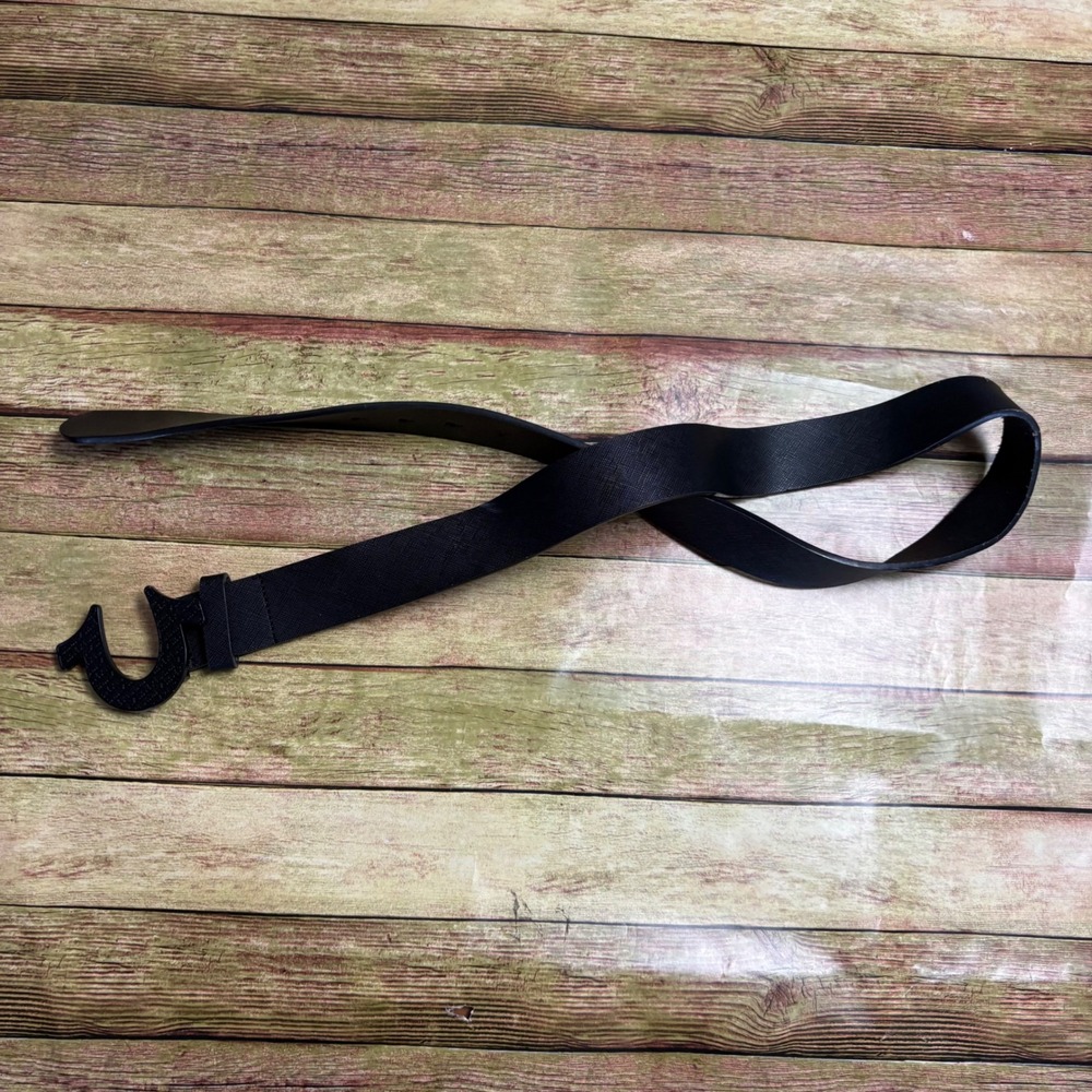 True Religion Mens Black Leather Horseshoe Buckle Belt Saffiano Texture Size 32